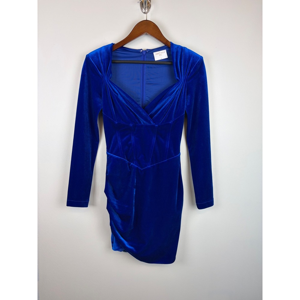 Miss Circle Mini Dress Small Blue Velvet Corset Bodycon Ruched Long Sleeve Party